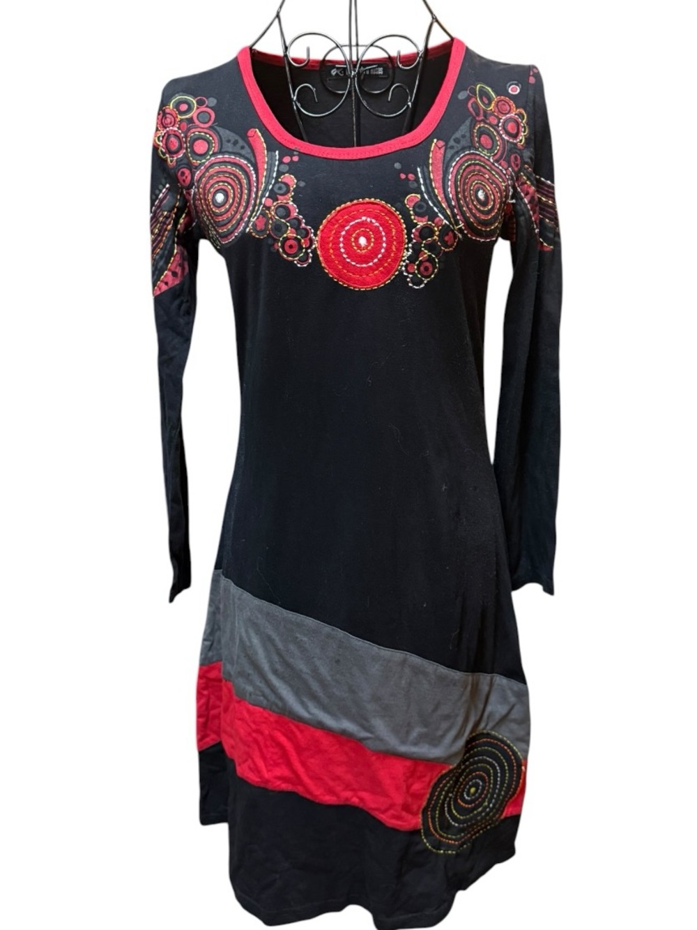 Leopards & Roses 100 Cotton Black & Red Patterned Long-Sleeve Dress
